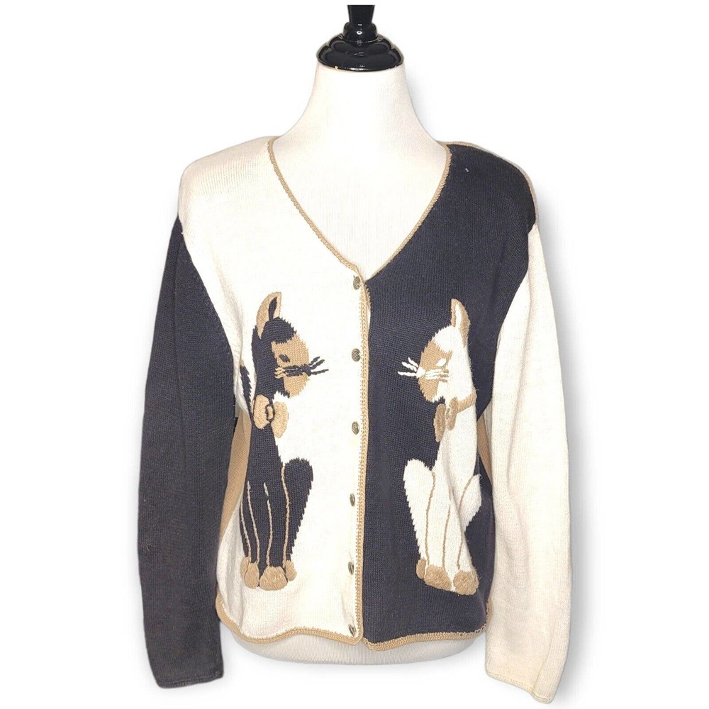 Christopher & Banks Vintage Cat Knit Cardigan Sweater Black /Tan Size Medium M